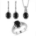 Australian Black Tourmaline Lever Back Earrings, Ring (Size 5.0), Pendant Necklace 20 Inches in Stainless Steel 8.00 ctw - Sticky add to cart bar