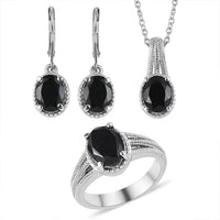 Australian Black Tourmaline Lever Back Earrings, Ring (Size 5.0), Pendant Necklace 20 Inches in Stainless Steel 8.00 ctw