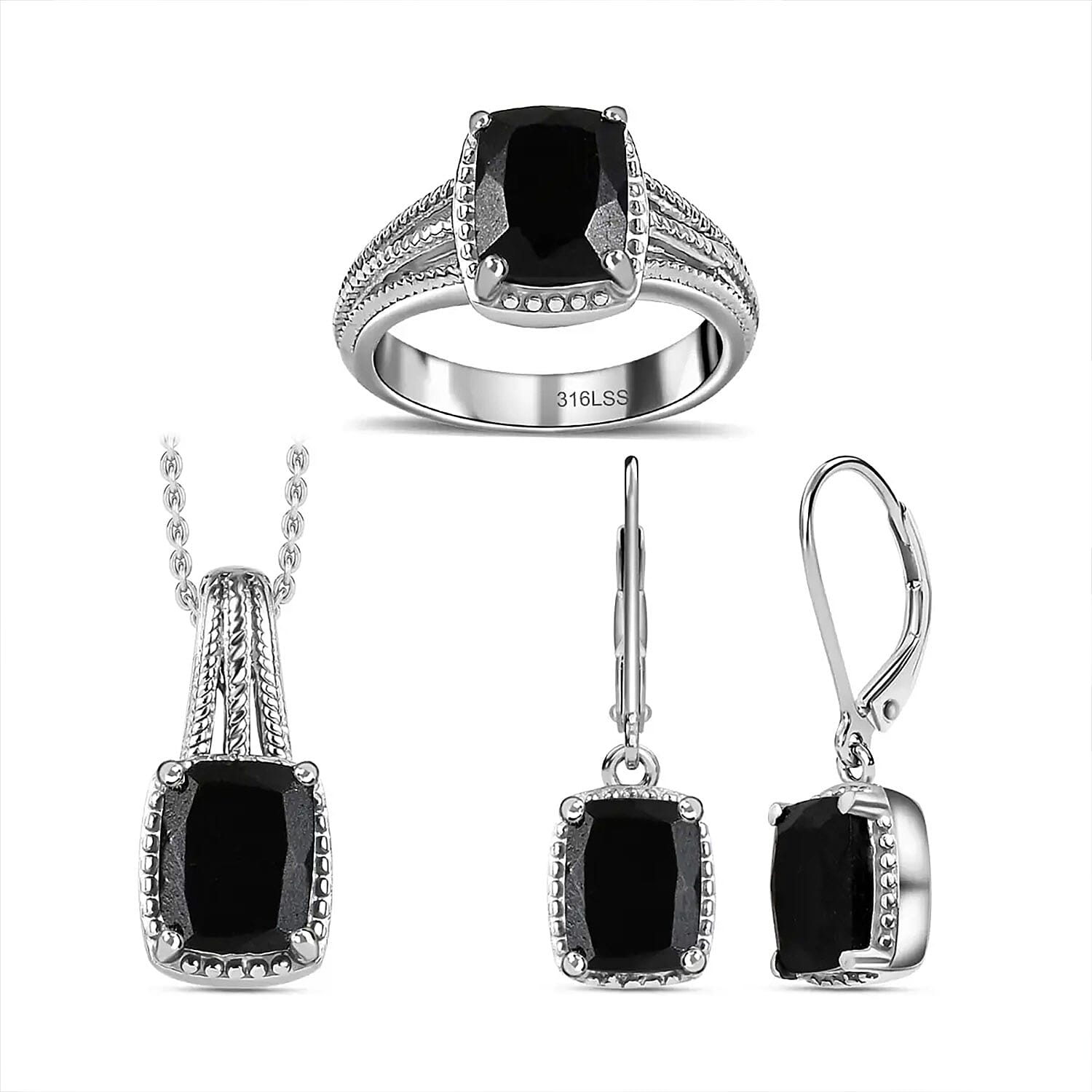Australian Black Tourmaline Lever Back Earrings, Ring (Size 5.0), Pendant Necklace 20 Inches in Stainless Steel 8.00 ctw
