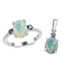 Ethiopian Welo Opal, Ceylon Sapphire Ring (Size 5.0) and Pendant in Platinum Over Sterling Silver 2.40 ctw