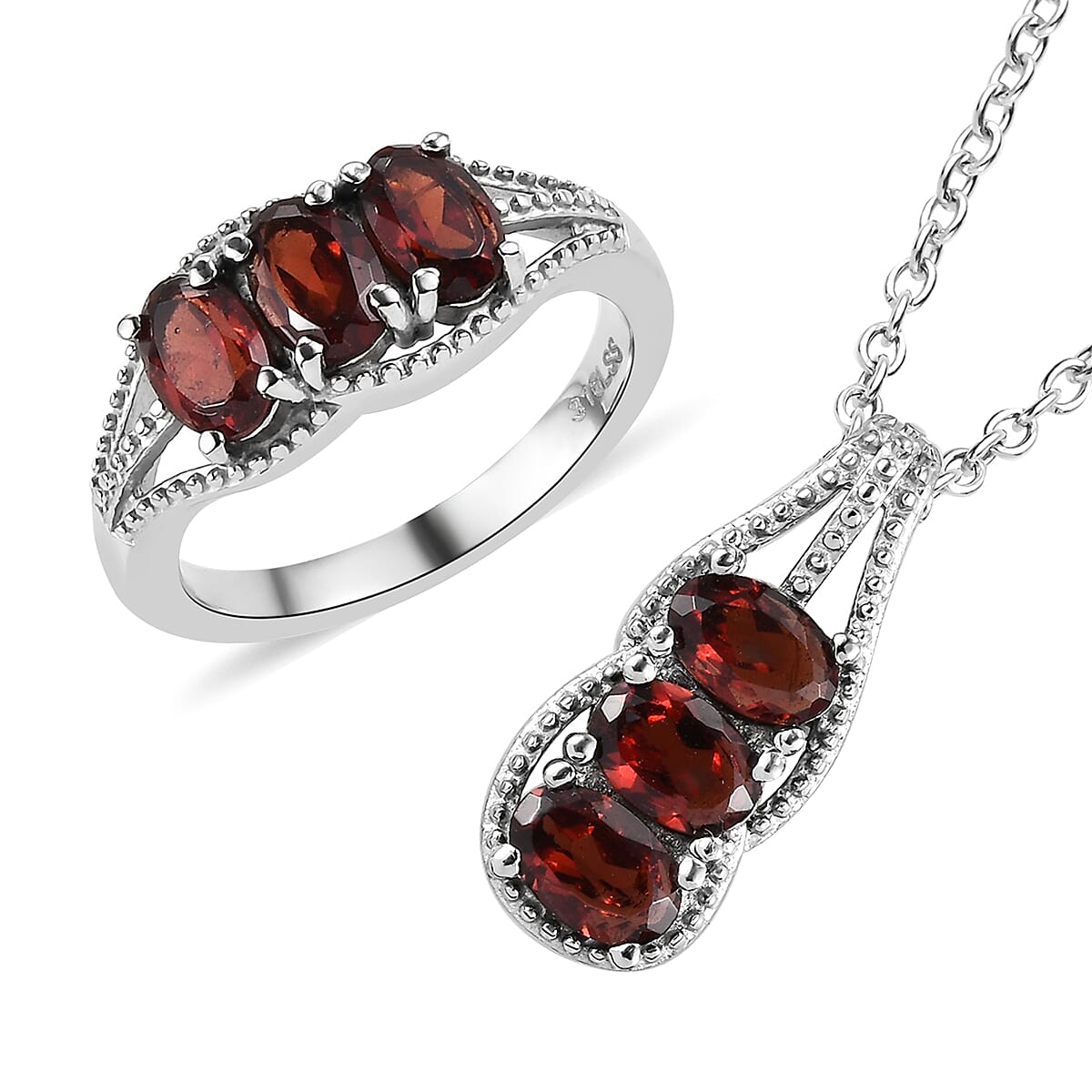 Citrine 3 Stone Ring (Size 5.0) and Pendant Necklace 20 Inches in Stainless Steel 2.70 ctw