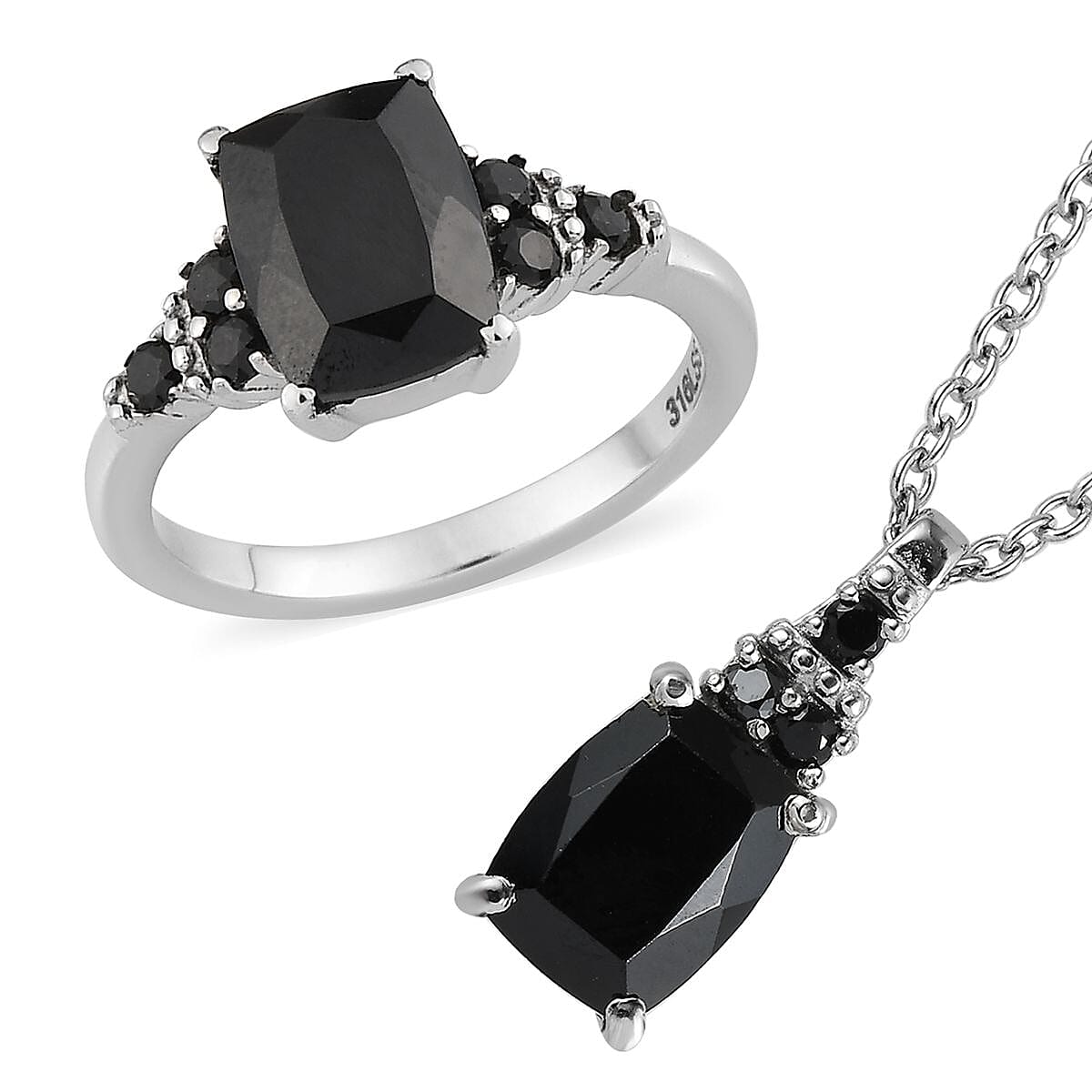 Thai Black Spinel, Simulated Black Diamond Ring (Size 5.0) and Pendant Necklace 20 Inches in Stainless Steel 6.00 ctw