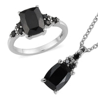 Thai Black Spinel, Simulated Black Diamond Ring (Size 5.0) and Pendant Necklace 20 Inches in Stainless Steel 6.00 ctw