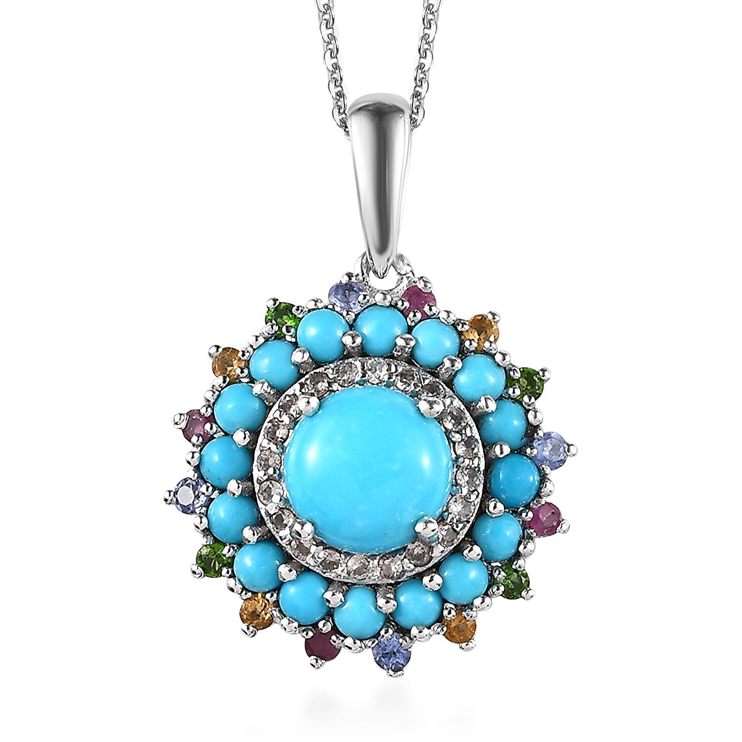 Sleeping Beauty Turquoise and Multi Gemstone Floral Pendant Necklace 20 Inches in Platinum Over Sterling Silver 3.70 ctw