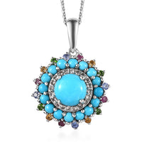 Sleeping Beauty Turquoise and Multi Gemstone Floral Pendant Necklace 20 Inches in Platinum Over Sterling Silver 3.70 ctw