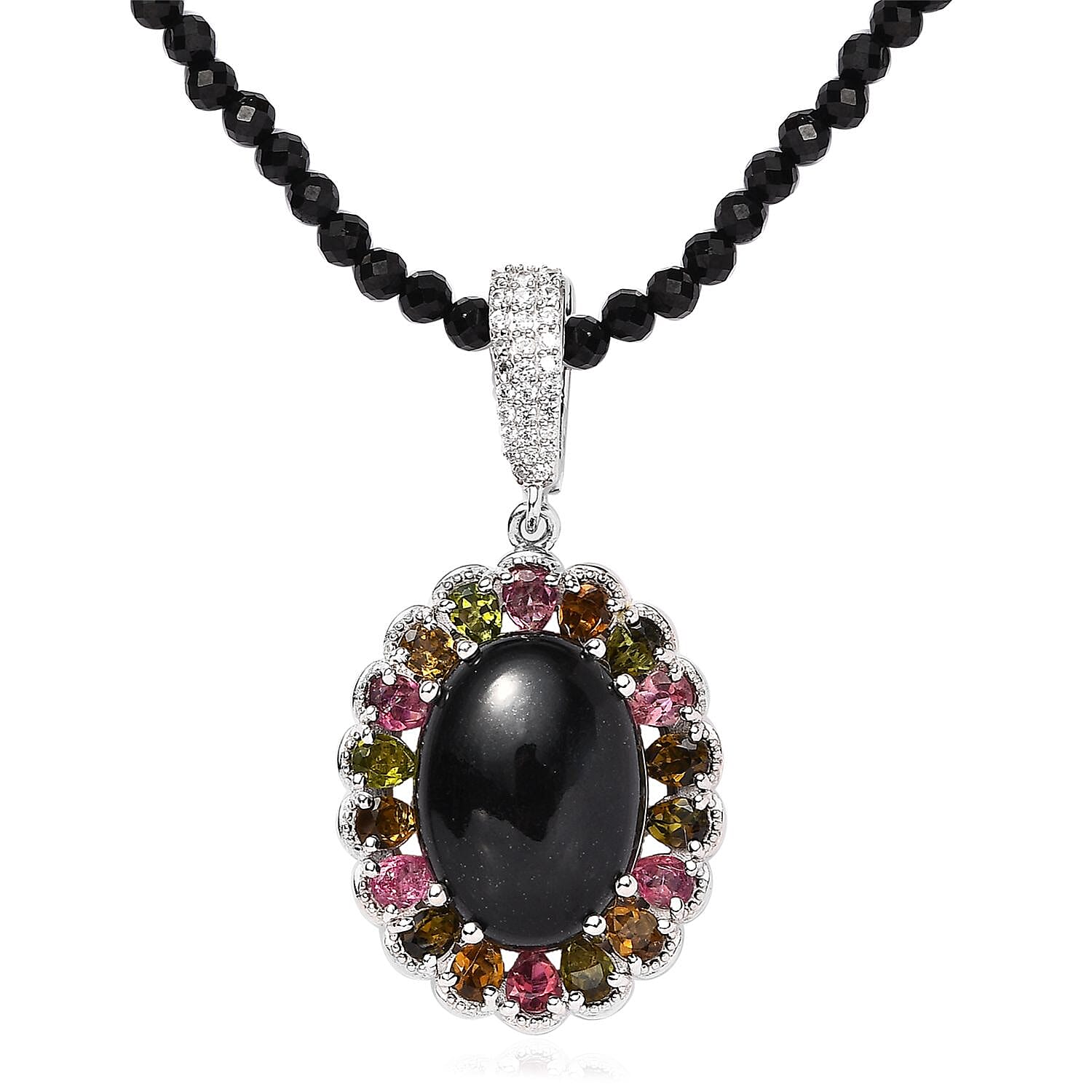 Australian Black Tourmaline and Multi Gemstone Halo Pendant with Black Spinel Beaded Necklace 20 Inches in Platinum Over Sterling Silver 92.50 ctw