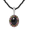 Australian Black Tourmaline and Multi Gemstone Halo Pendant with Black Spinel Beaded Necklace 20 Inches in Platinum Over Sterling Silver 92.50 ctw - Sticky add to cart bar