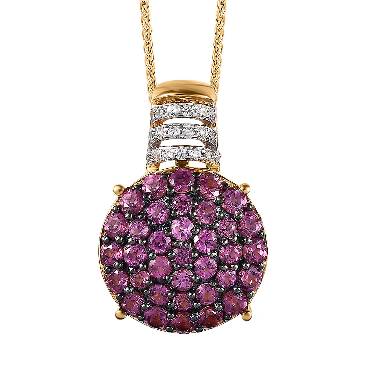 AAA Lotus Garnet and White Zircon Cluster Pendant Necklace 20 Inches in Vermeil Yellow Gold Over Sterling Silver 2.60 ctw