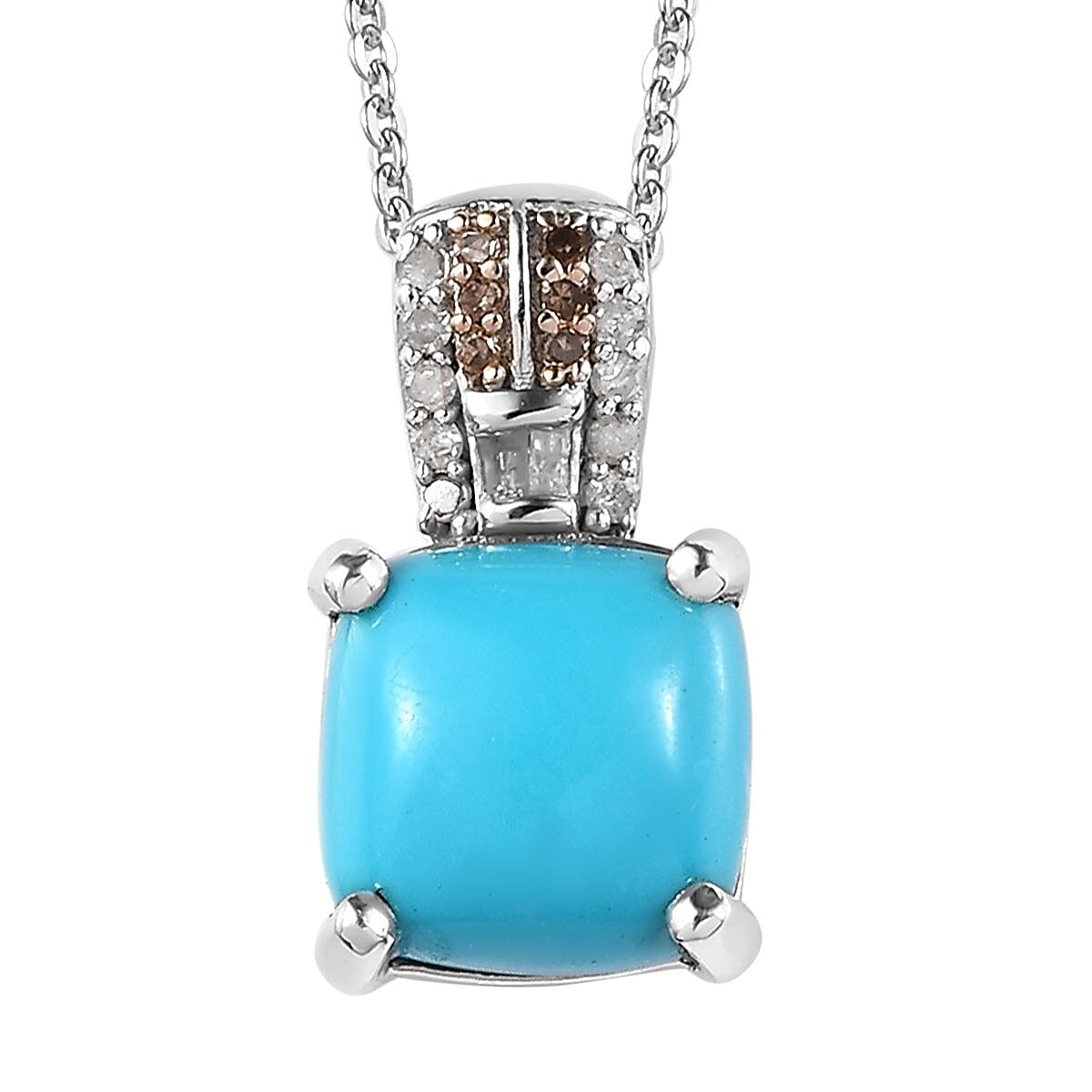 Sleeping Beauty Turquoise, Natural Champagne and White Diamond Pendant Necklace 20 Inches in Platinum Over Sterling Silver 3.40 ctw
