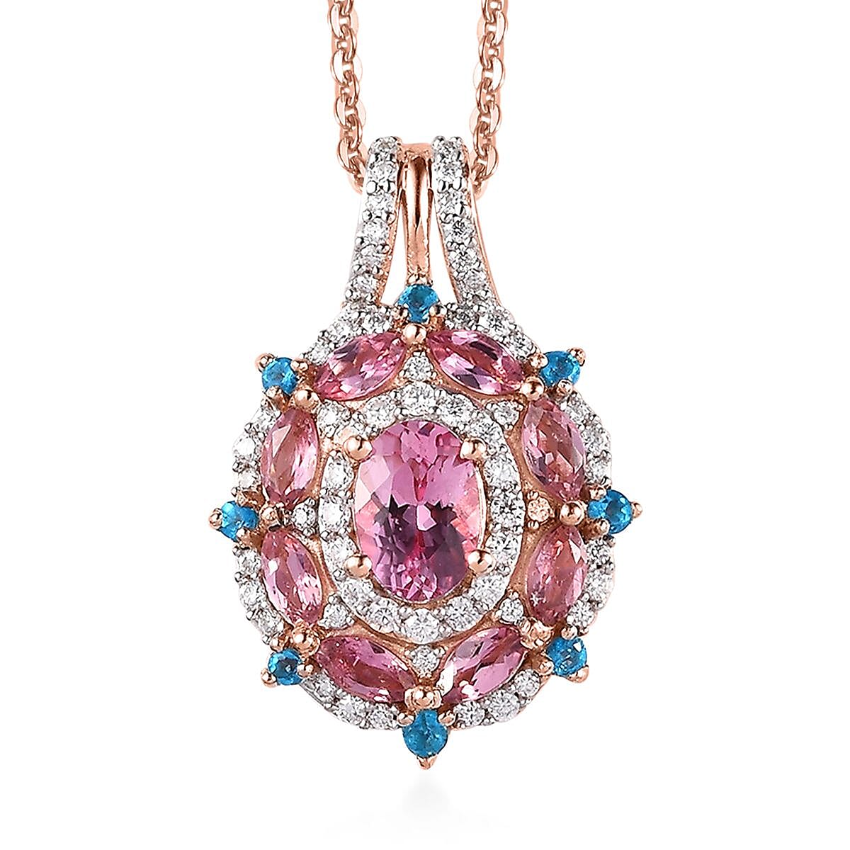 Premium Natural Calabar Pink Tourmaline and Multi Gemstone Pendant Necklace 20 Inches in Vermeil Rose Gold Over Sterling Silver 1.80 ctw