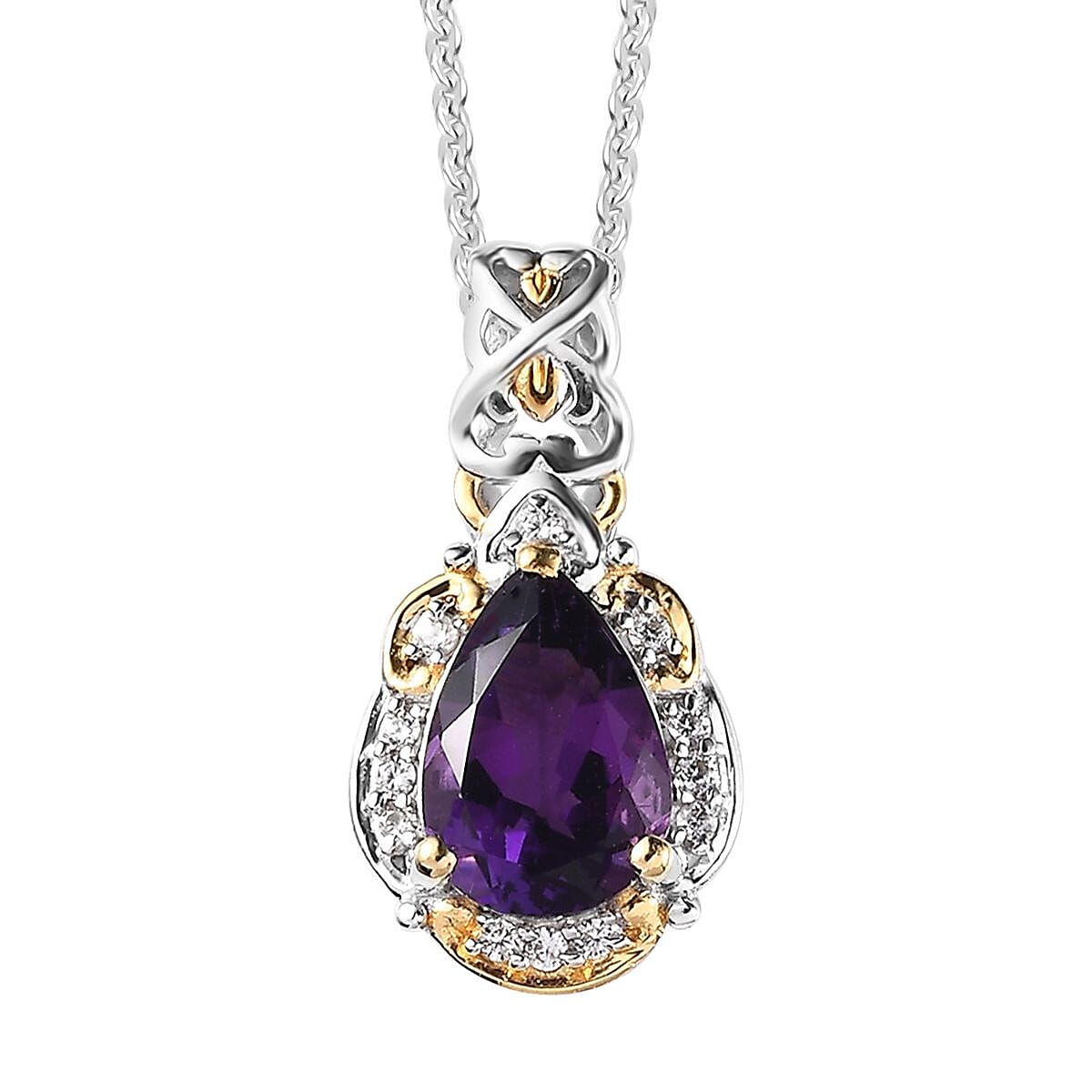 Premium Mashamba Amethyst and White Zircon Pendant Necklace 20 Inches in Vermeil YG and Platinum Over Sterling Silver 1.85 ctw