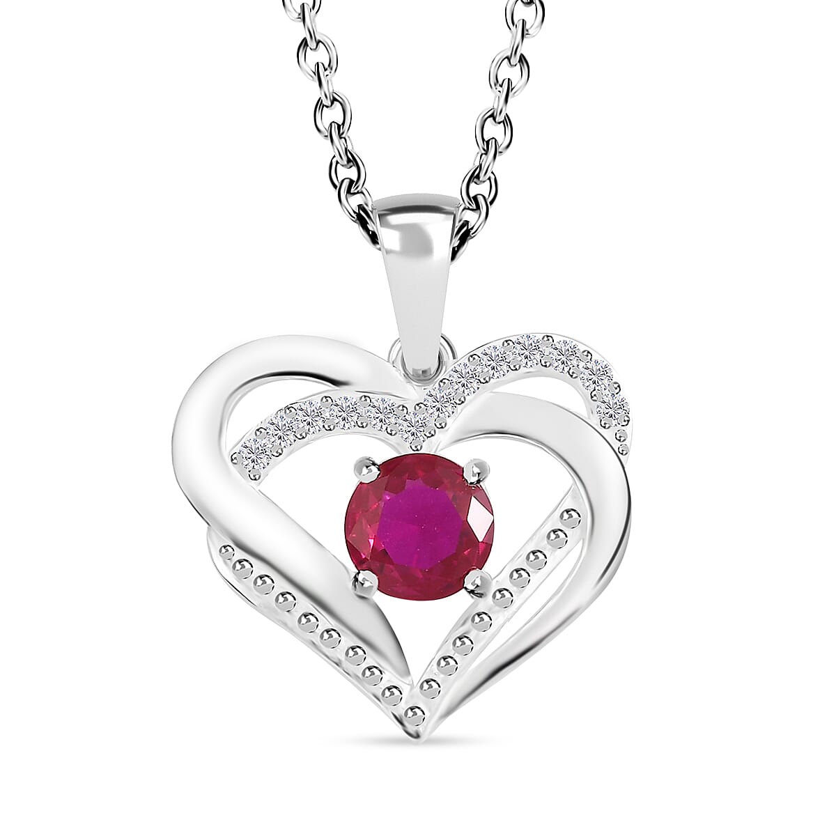 Simulated Red and White Diamond 0.85 ctw Pendant in Sterling Silver with Stainless Steel Necklace 20 Inches