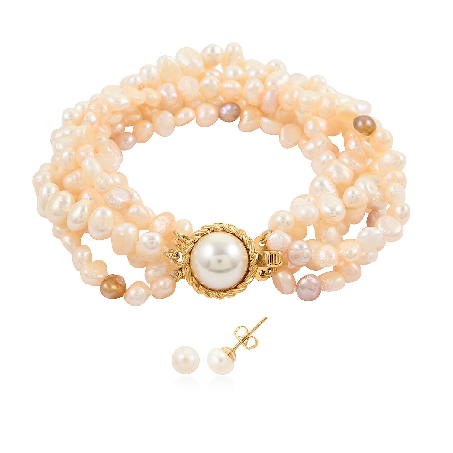 Freshwater Cultured Pearl Bracelet (7.00 In) and Stud Earrings in ION Plated YG Stainless Steel