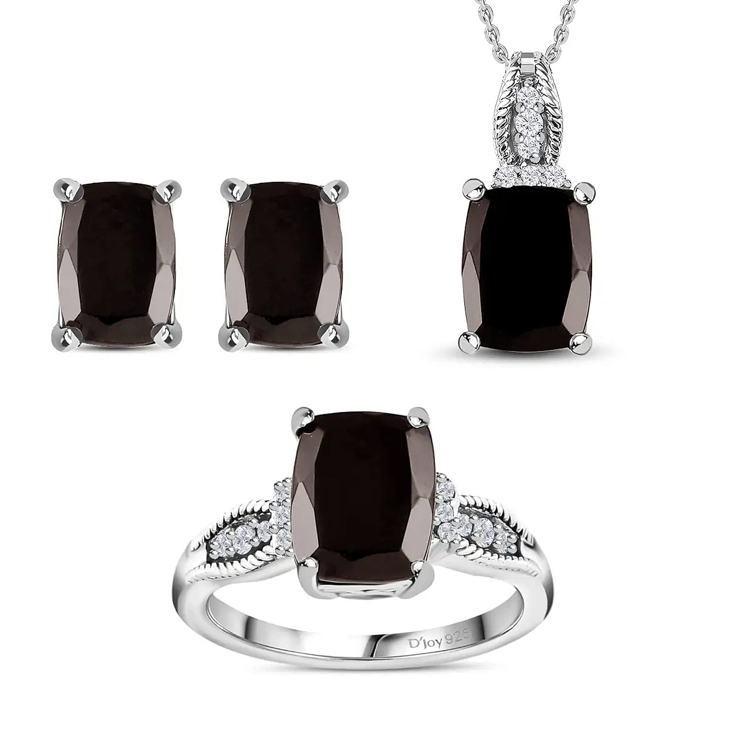 Doorbuster Elite Shungite and White Zircon Solitaire Stud Earrings, Ring (Size 5.0) and Pendant Necklace 20 Inches in Platinum Over Sterling Silver 3.75 ctw