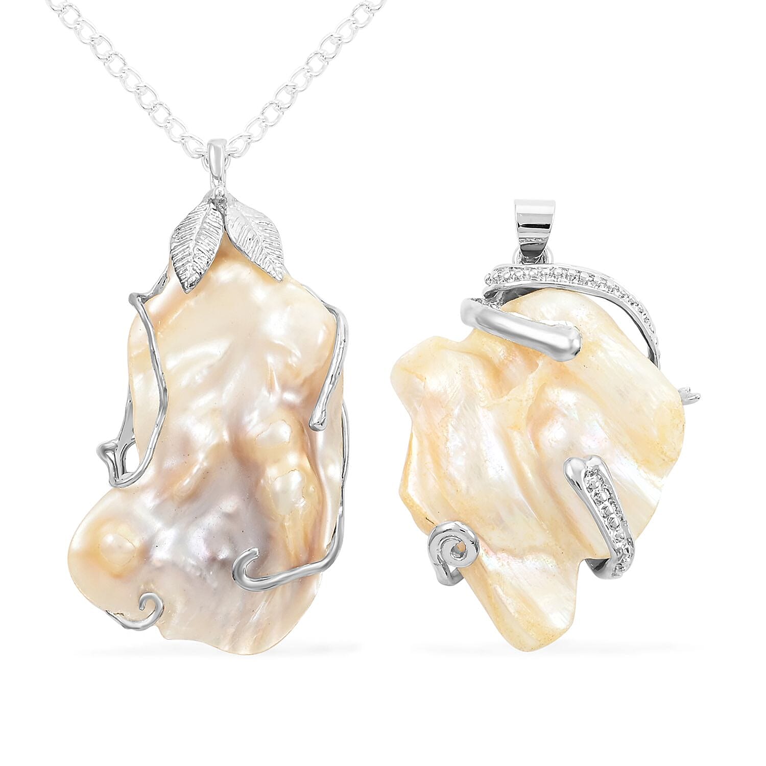 Freshwater Pearl Set of 2 Pendants Necklace 18 Inches in Silvertone