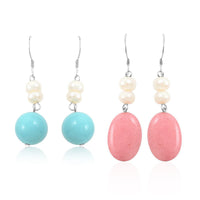 Turquoise and Peach Jade (D), Freshwater Pearl Set of 2 Earrings in Silvertone 16.00 ctw