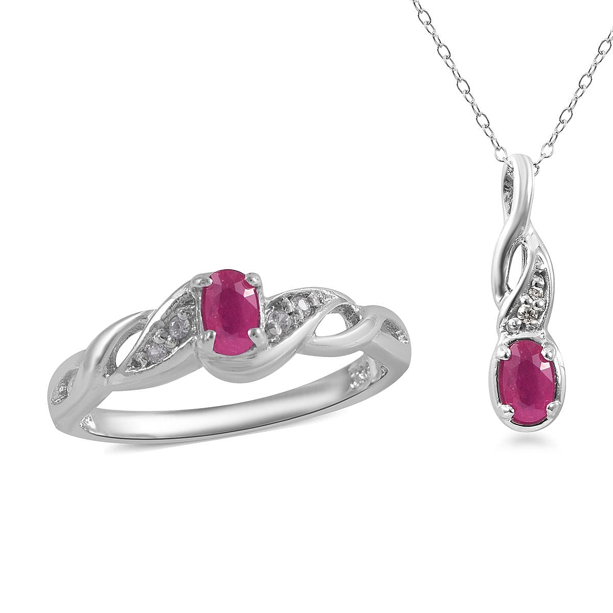 Premium Montepuez Ruby Ring (Size 5) and Pendant Necklace (18 Inches) in Platinum Over Sterling Silver 0.65 ctw