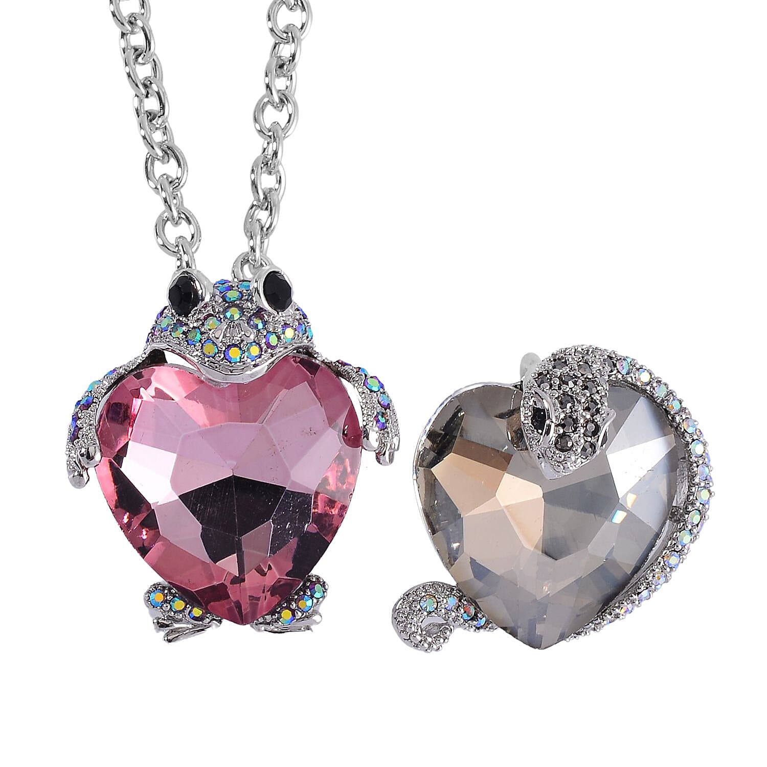 Silver Grey and Pink Glass, Multi Color Austrian Crystal Set of 2 Snake and Frog Brooch or Pendant with Necklace (24-26 Inches) in Silvertone