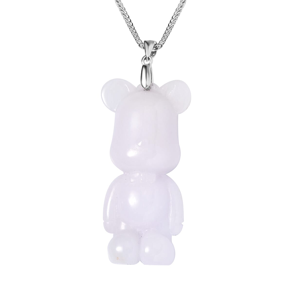 Natural Jade Carved Teddy Pendant Necklace (20 Inches) in Rhodium Over Sterling Silver 68.00 ctw