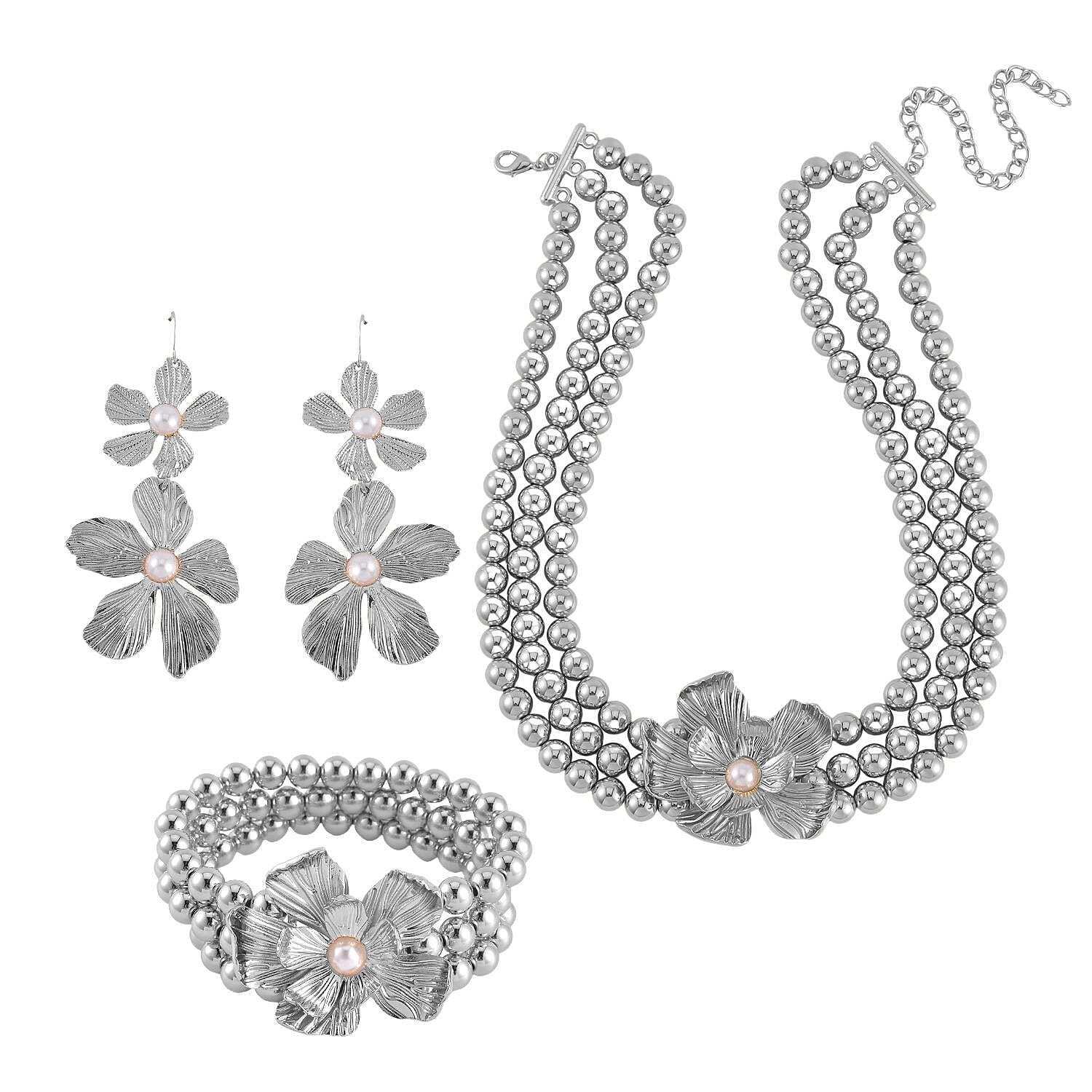 Doorbuster Simulated Pearl Flower Necklace 16-20 Inches and Bracelet (7-7.5In) and Earrings in Silvertone