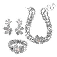 Doorbuster Simulated Pearl Flower Necklace 16-20 Inches and Bracelet (7-7.5In) and Earrings in Silvertone