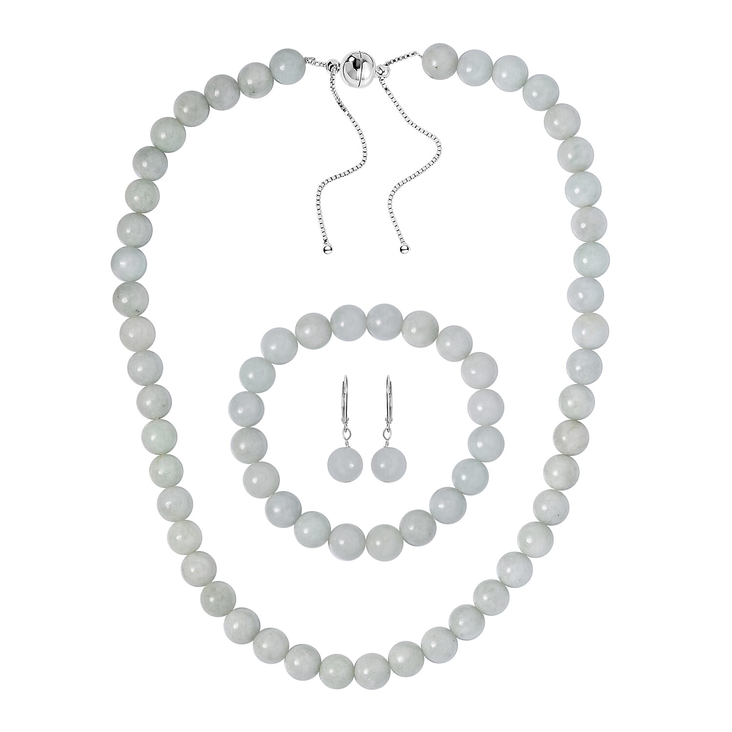 Natural Jade Jewelry Set of Bracelet, Earrings and Necklace, Round Shape Jade Beaded Jewelry Set, Rhodium Over Sterling Silver Jewelry Set, Gifts For Her 540.50 ctw