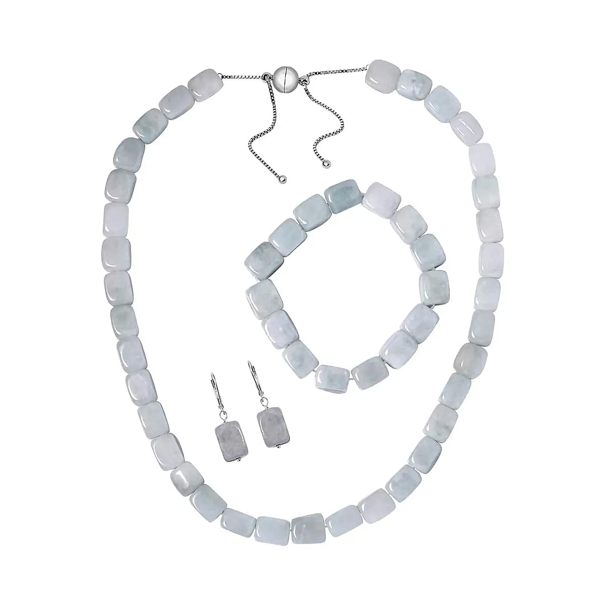 Natural Jade Jewelry Set of Bracelet, Earrings and Necklace, Round Shape Jade Beaded Jewelry Set, Rhodium Over Sterling Silver Jewelry Set, Gifts For Her 540.50 ctw