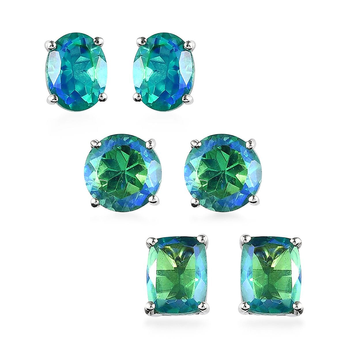 Peacock Quartz (Triplet) Set of 3 Solitaire Stud Earrings in Platinum Over Sterling Silver 15.50 ctw