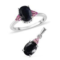 Midnight Sapphire and Madagascar Pink Sapphire Ring (Size 5.0) and Pendant in Platinum Over Sterling Silver 3.65 ctw