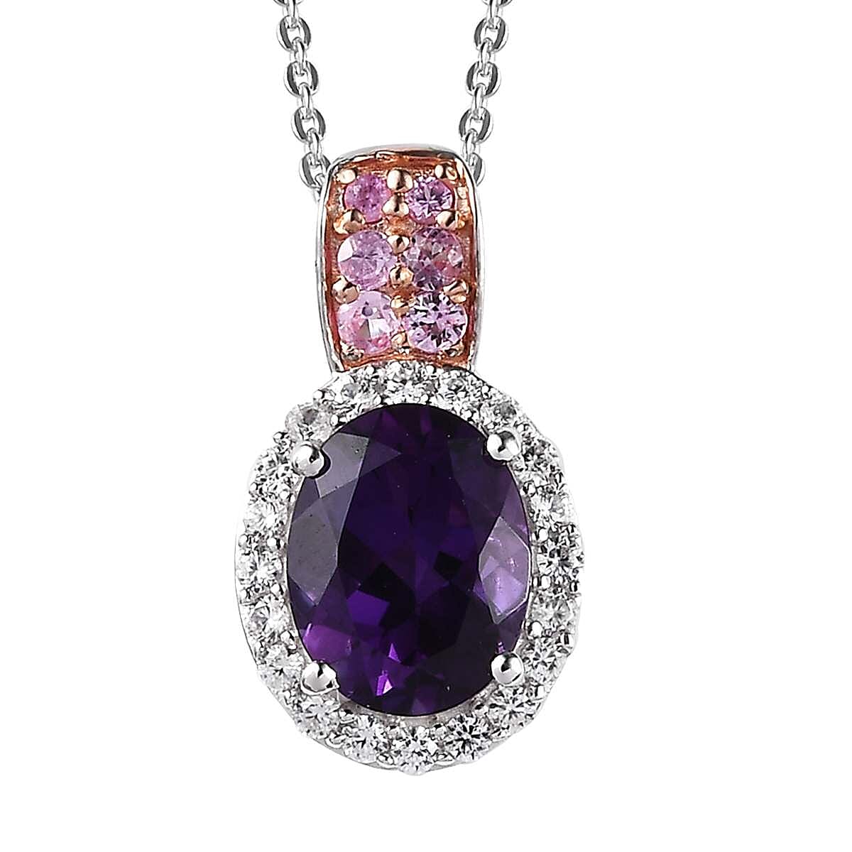 Premium Mashamba Amethyst and Multi Gemstone Halo Pendant Necklace 20 Inches in Vermeil RG and Platinum Over Sterling Silver 2.10 ctw