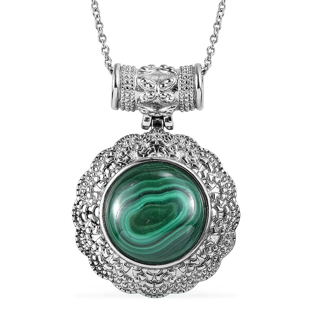 African Malachite 19.00 ctw Pendant Necklace in Stainless Steel 20 Inches
