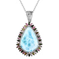 Larimar and Multi-Tourmaline Halo Pendant Necklace 20 Inches in Platinum Over Sterling Silver 34.20 ctw - Sticky add to cart bar