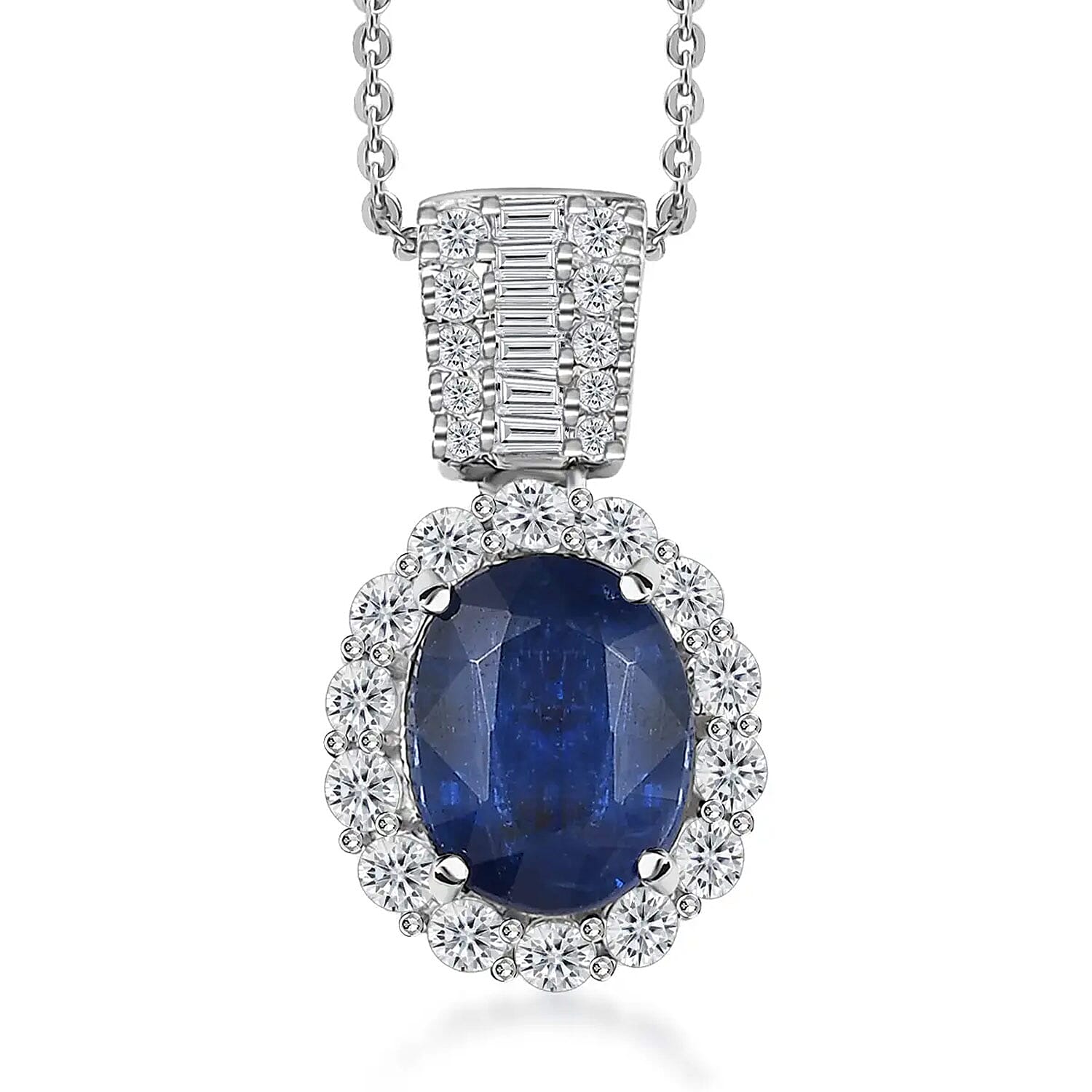 Premium Kashmir Kyanite and White Topaz Halo Pendant Necklace 20 Inches in Platinum Over Sterling Silver 5.00 ctw