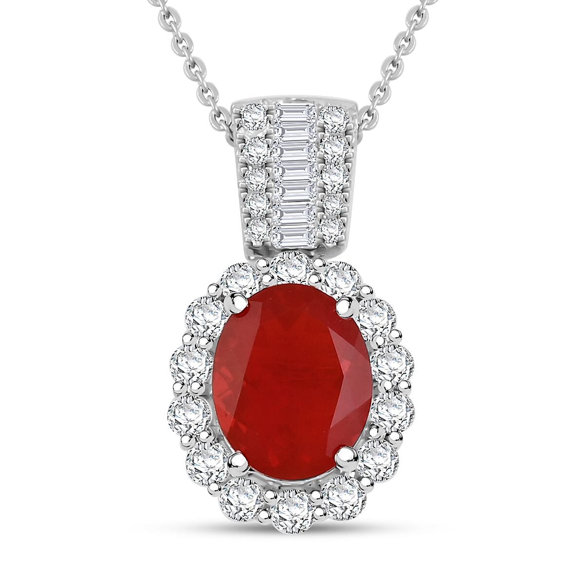 Jalisco Fire Opal and White Topaz 2.90 ctw Halo Pendant Necklace in Platinum Over Sterling Silver 20 Inches