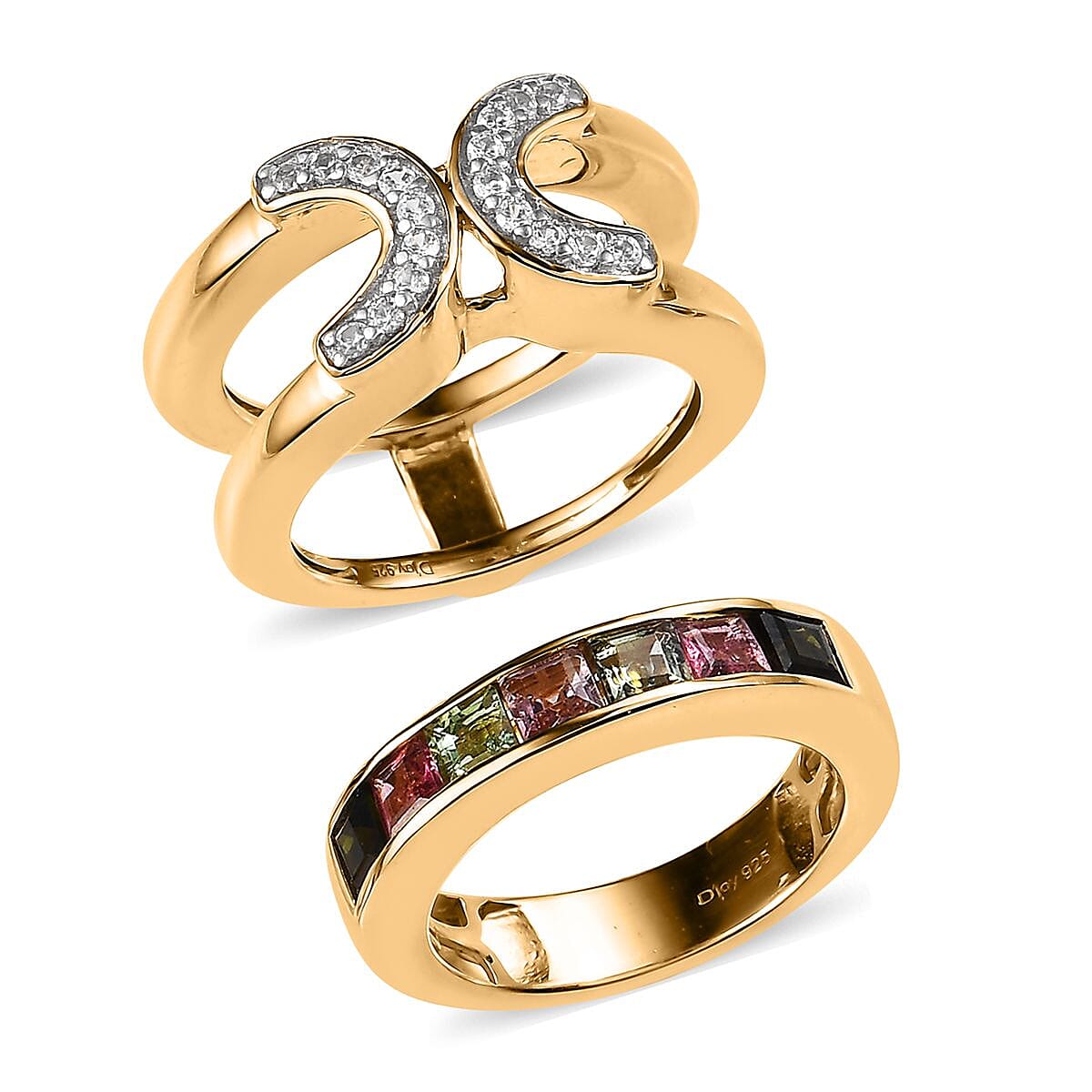 Multi-Tourmaline and White Zircon Set of 2 Stackable Horseshoe Ring in Vermeil Yellow Gold Over Sterling Silver (Size 5.0) 2.40 ctw