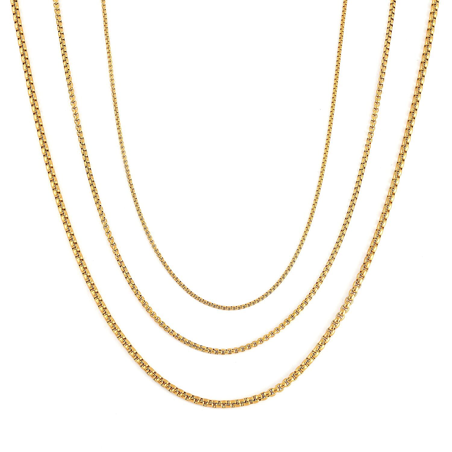Ever True Set of 3 Box Link Chain Necklace (16, 20 and 24 Inches) with 2 Inch Extender in ION Plated YG Stainless Steel