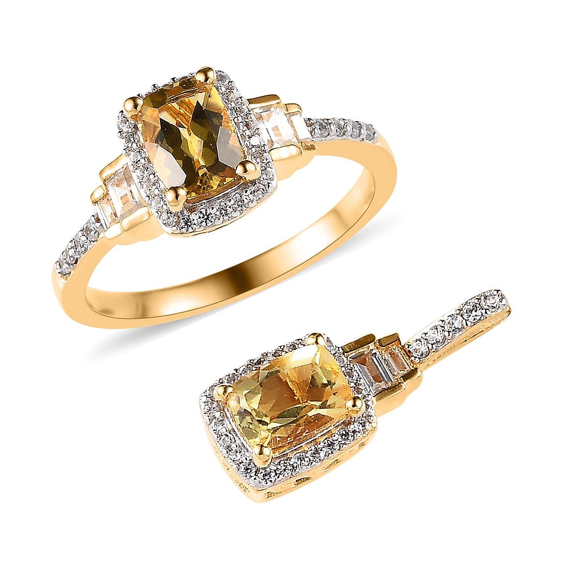 Premium Brazilian Heliodor and White Zircon Halo Ring (Size 5.0) and Pendant in Vermeil Yellow Gold Over Sterling Silver 2.90 ctw