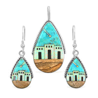 Santa Fe Style Spiny Turquoise Pueblo Earrings and Pendant in Sterling Silver 9.50 ctw