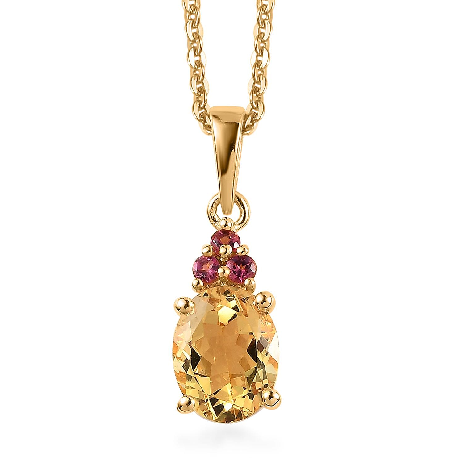 Premium Brazilian Heliodor and Premium Ouro Fino Rubellite Pendant Necklace 20 Inches in Vermeil Yellow Gold Over Sterling Silver 1.65 ctw