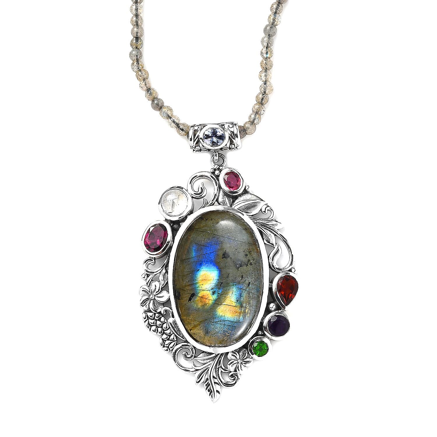 Malagasy Labradorite and Multi Gemstone Pendant with Beaded Necklace 20 Inches in Platinum Over Sterling Silver 93.85 ctw