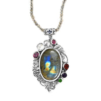 Malagasy Labradorite and Multi Gemstone Pendant with Beaded Necklace 20 Inches in Platinum Over Sterling Silver 93.85 ctw