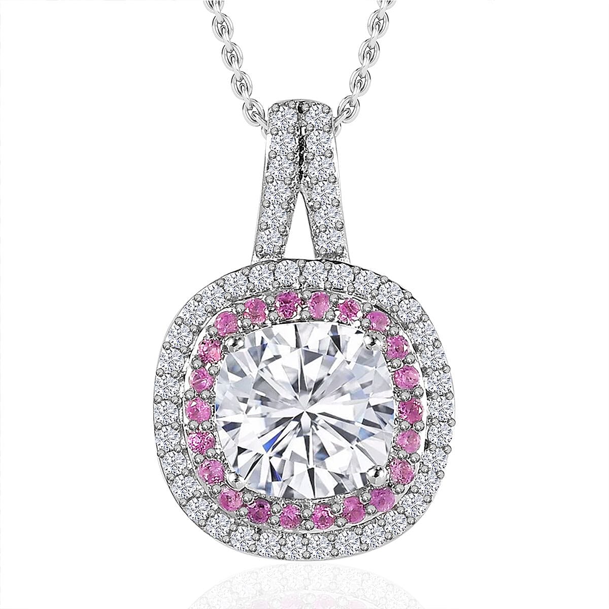 Moissanite and Madagascar Pink Sapphire 3.50 ctw Double Halo Pendant Necklace in Platinum Over Sterling Silver 20 Inches