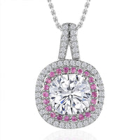 Moissanite and Madagascar Pink Sapphire 3.50 ctw Double Halo Pendant Necklace in Platinum Over Sterling Silver 20 Inches