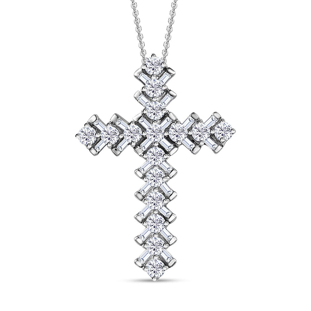 Moissanite Cross Pendant Necklace (20 Inches) in Platinum Over Sterling Silver 1.40 ctw