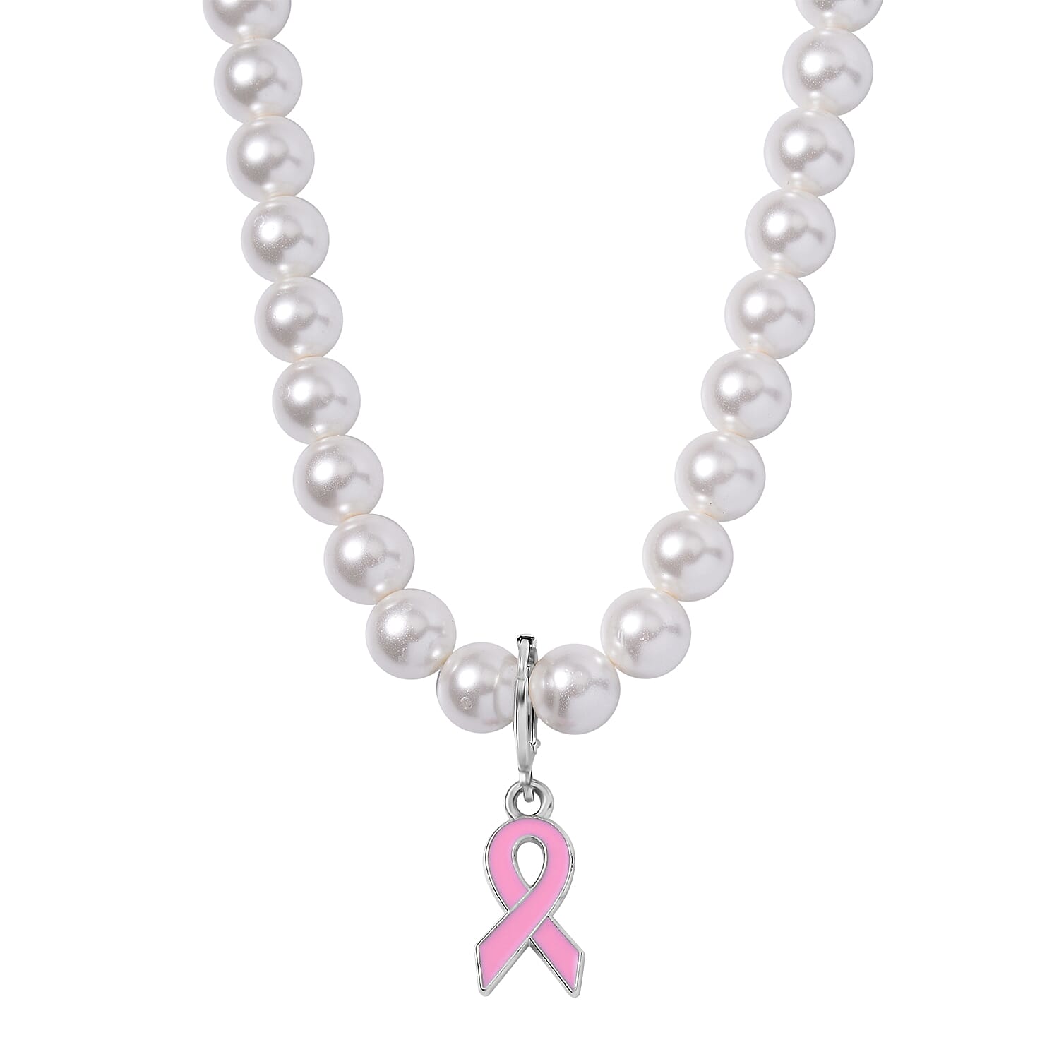 Pink Enameled Pendant with White Shell Pearl Beaded Necklace 20 Inches in Silvertone 210.00 ctw