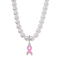 Pink Enameled Pendant with White Shell Pearl Beaded Necklace 20 Inches in Silvertone 210.00 ctw