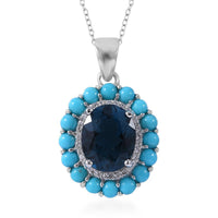 London Blue Topaz and Multi Gemstone Double Halo Pendant Necklace 18 Inches in Platinum Over Sterling Silver 6.15 ctw