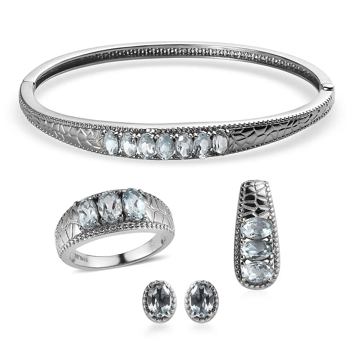 Doorbuster White Topaz Bangle Bracelet (7.25In), 3 Stone Ring (Size 7.00), Pendant and Stud Earrings in Stainless Steel 9.10 ctw