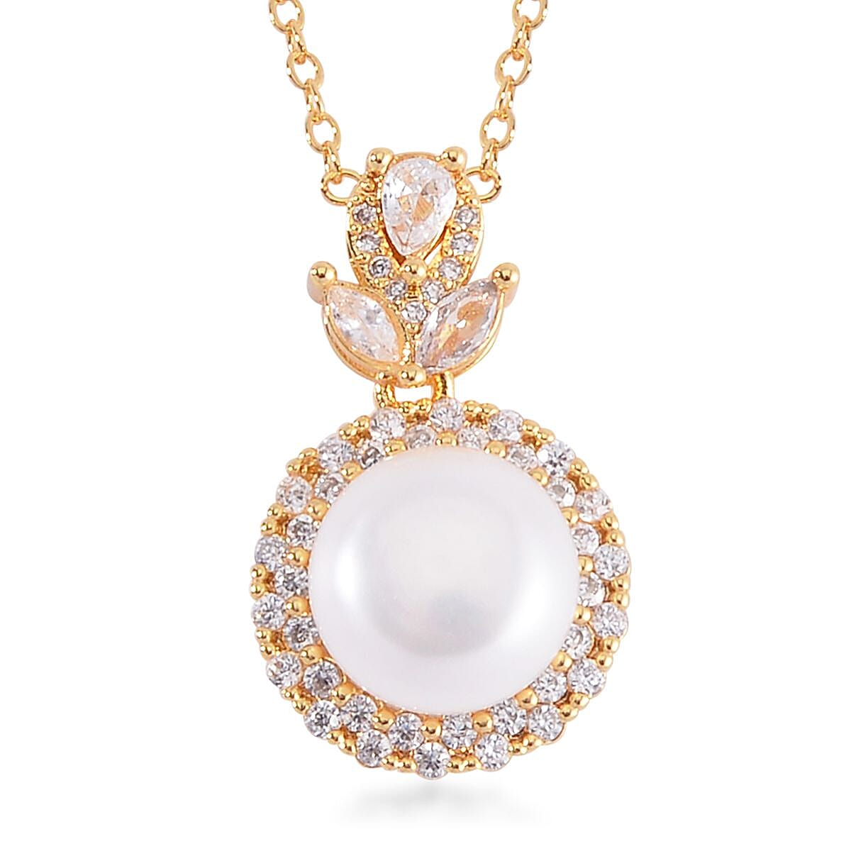 Freshwater Pearl and Simulated Diamond Pendant Necklace 18-20 Inches in Goldtone 2.00 ctw