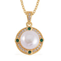 Freshwater Pearl, Green Glass and Simulated Diamond Pendant Necklace 18-20 Inches in Goldtone 1.00 ctw - Sticky add to cart bar